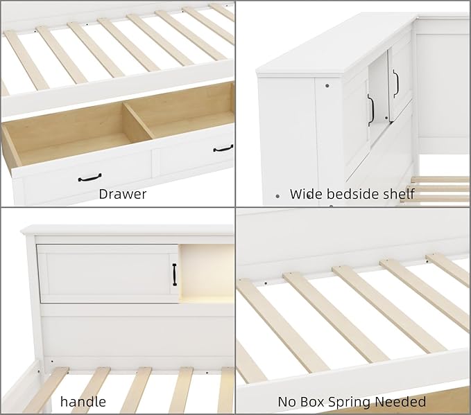 Merax Twin Size Corner Bed Frames with Storage Drawers, USB Port, Led Downlight Headboard & Bookcase, Wooden L-Shaped Captain Daybed for Small Room, Bedroom, Guest Room, kids'Room, White