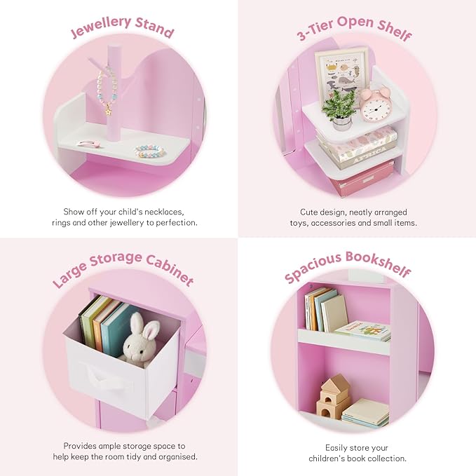 Kids Vanity with Lights and Chair, Princess Makeup Vanity Desk with Mirror Bookshelf Storage Cabinet,3 in 1 Toddler Vanity Table,Children Makeup Dressing Table,Pretend Play Vanity for Little Girl-Pink