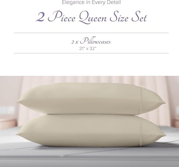 Carressa Linen 100% Egyptian Cotton Pillow Cases Queen Size Set of 2 - Luxury 600 Series Hydrangeas Collection Queen Size Pillowcases (Sand), Cooling Sateen Weave Hotel Quality Bed Pillow Cover