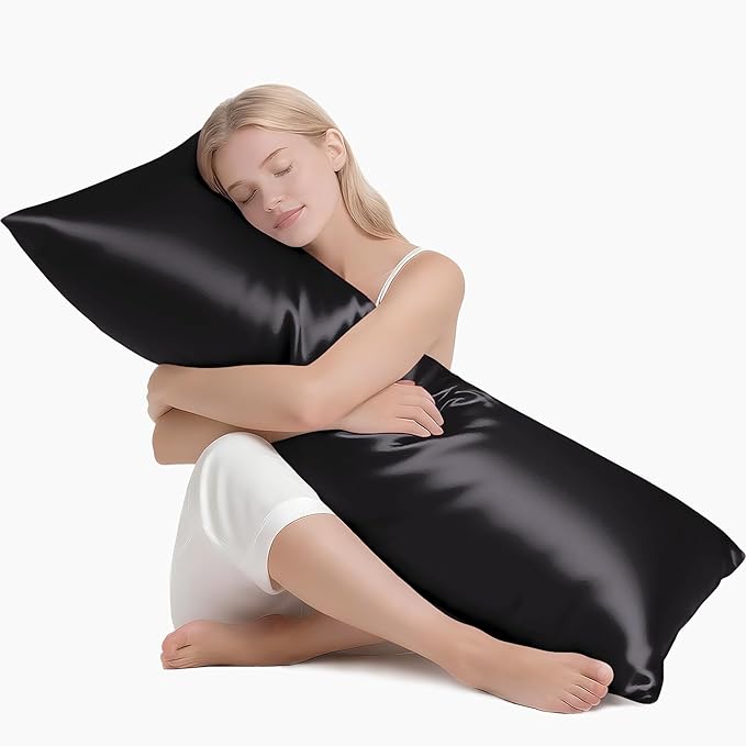 MR&HM Satin Body Pillow Cover, Soft and Breathable Body Pillow Case with Envelope Closure, Cooling and Silky Long Pillowcase for Hair and Skin,Grey (20x54, Black)