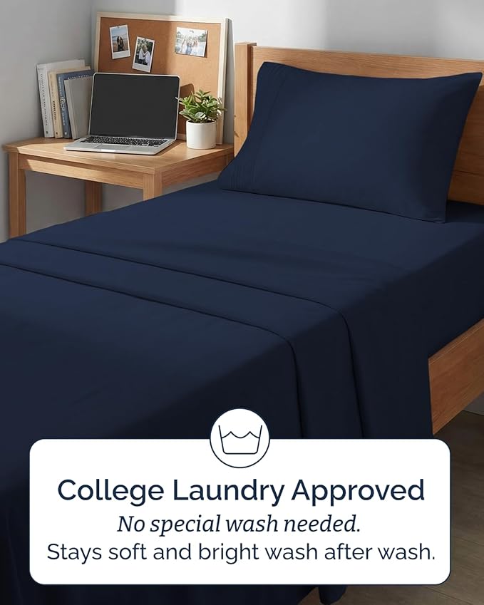 Twin XL 4 Piece Sheet Set - Comfy Breathable & Cooling - Hotel Luxury Bedding for Women, Men, Kids, Teens & Children - 1 Flat & 1 Fitted Sheet & 2 Pillowcases w/ Deep Pockets, Wrinkle Free - Navy Blue