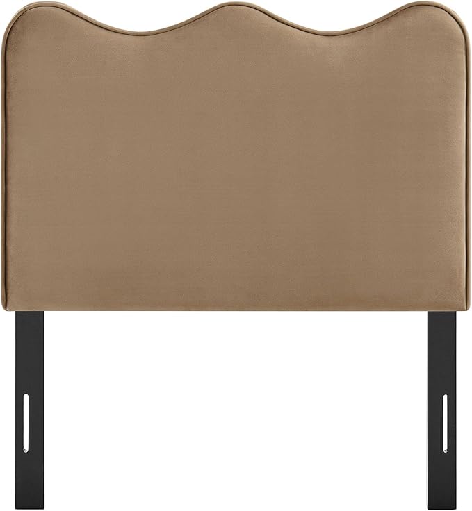Monday Athena Twin Size Performance Velvet Adjustable Headboard in Taupe - with Scalloped Wave Design and Stain-Resistant Velvet Upholstery