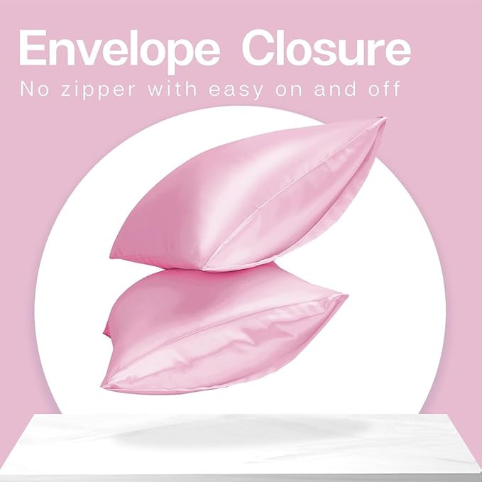 MR&HM Satin Pillowcase for Hair and Skin, Silk Satin Pillowcase 2 Pack, Queen Size Pillow Cases Set of 2, Silky Pillow Cover with Envelope Closure (20x30, Pink)