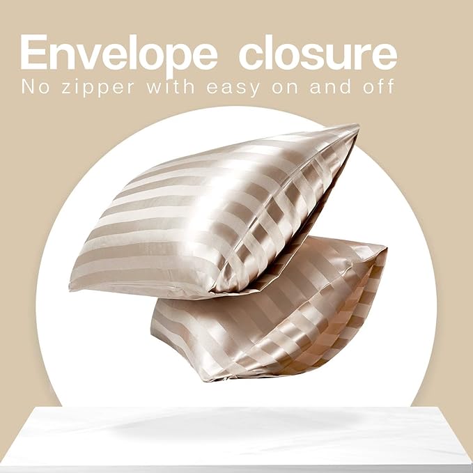 MR&HM Satin Pillowcase for Hair and Skin, Silk Satin Pillowcase 2 Pack, King Size Pillow Cases Set of 2, Silky Pillow Cover with Envelope Closure (20x40, Champagne Striped)