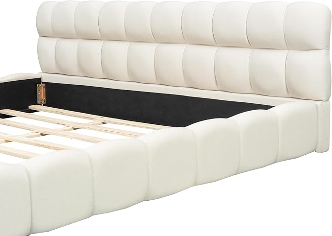 Merax Modern Tufted Platform Bed with Headboard King, Linen Upholstered Floor Bed Frame with Solid Frame, No Box Spring Needed, Beige