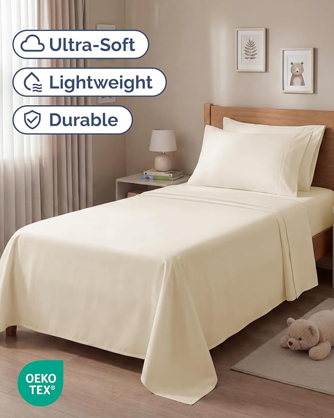 Twin 4 Piece Sheet Set - Comfy, Breathable & Cooling - Hotel Luxury Bedding for Women, Men, Kids, Teens & Children - 1 Flat & 1 Fitted Sheet & 2 Pillowcases w/ Deep Pockets - Wrinkle Free - Off White
