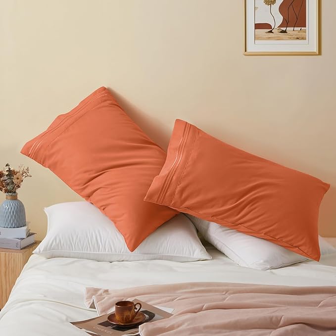 Vonty 2 Pack Queen Pillow Cases - 20x30 Inch, 1800 Thread Count Microfiber Pillowcases Queen Size Pimpkin Orange Pillow Cases Luxury & Soft Embroidered Bed Pillow Covers with Envelope Closure