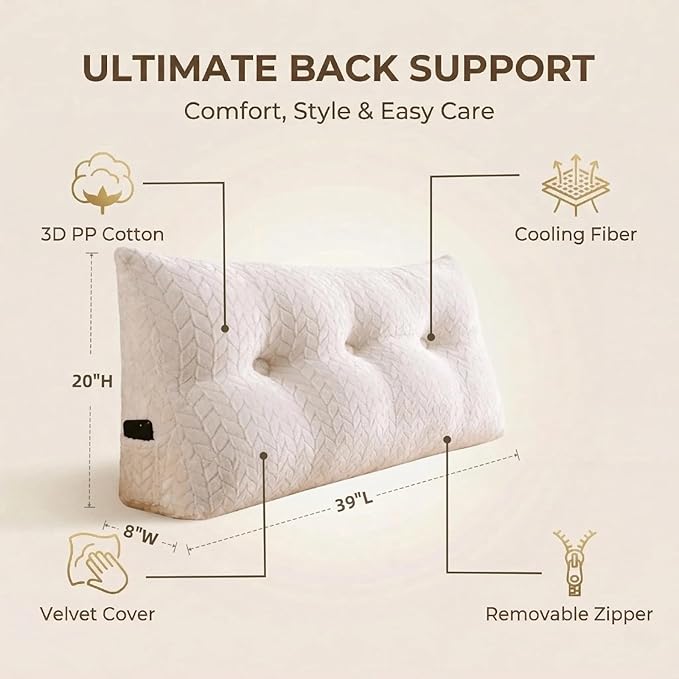 Headboard Pillow Twin Size, Reading Pillow for Bed, Leaf Pattern Wedge Pillow, Tufted Backrest Support, Headboard Substitute, Beige