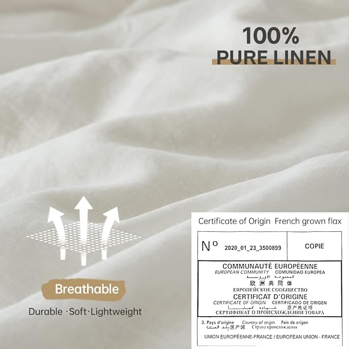 Simple&Opulence 100% Linen Duvet Cover Set 3pcs Basic Style Natural French Washed Flax Solid Color Soft Breathable Farmhouse Bedding with Button Closure - White, Queen
