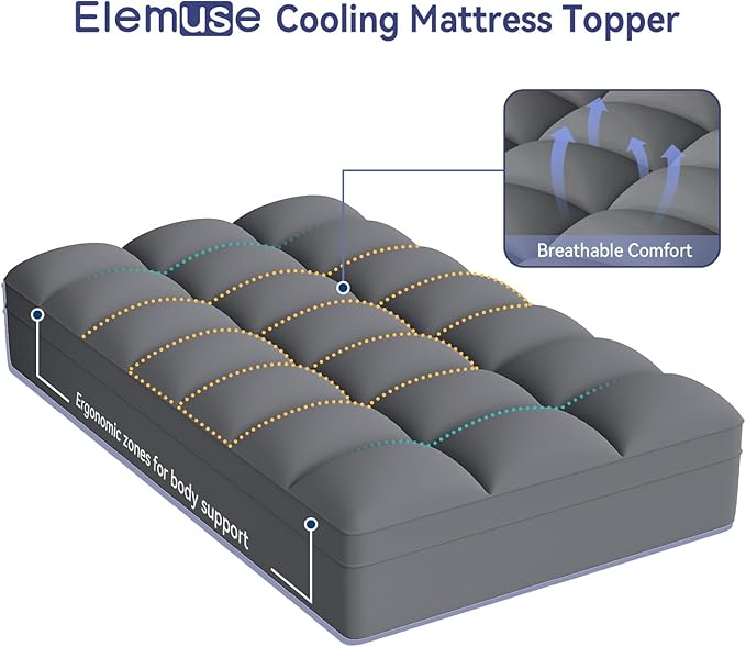 ELEMUSE Twin XL Grey Mattress Topper for Dorm Bed, College Dorm Room Essentials for Girls&Guys, Soft Comfortable Bed Upgrade for Back to School, Apartment&Rental Use