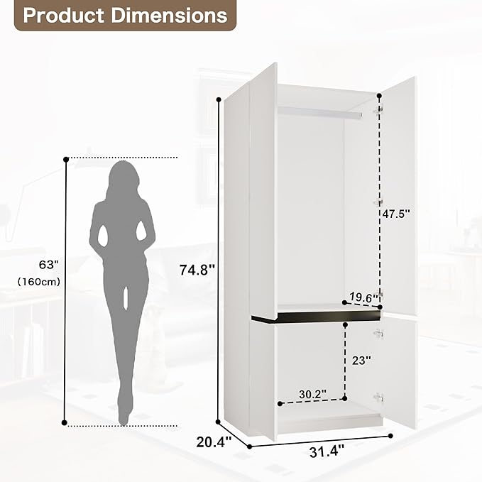 White Armoire Wardrobe Closet: 74" Large Wardrobe Closet with 2 Doors, Wood Closets Cabinet for Hanging Clothes, Freestanding Bedroom Armoires (31.5 in-2 Doors)