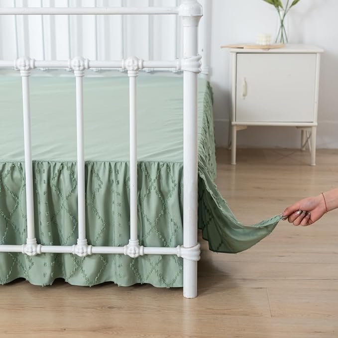 Bed Skirt Full Size Ruffled Bed Skirt with Split Corners, 14 Inch Drop Dust Ruffle Bed Skirts with Platform, Boho Tufted Shabby Chic Full Size Bed Skirts, Sage Green