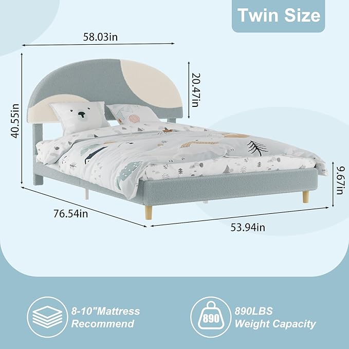 Garvee Full Bed Frame with Upholstered Round Boucle Headboard, Arch-Shaped Design in Soft Blue and White, Modern Kids Bed with Wooden Slats, No Box Spring Required and Easy Assembly