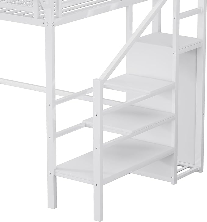 SOFTSEA Metal Loft Bed Storage Shelves, Twin XL Size Loft Bed Frame with Wardrobe, High Loft Beds with Stairs and Guardrail for Kids Bedroom, No Box Spring Needed, White