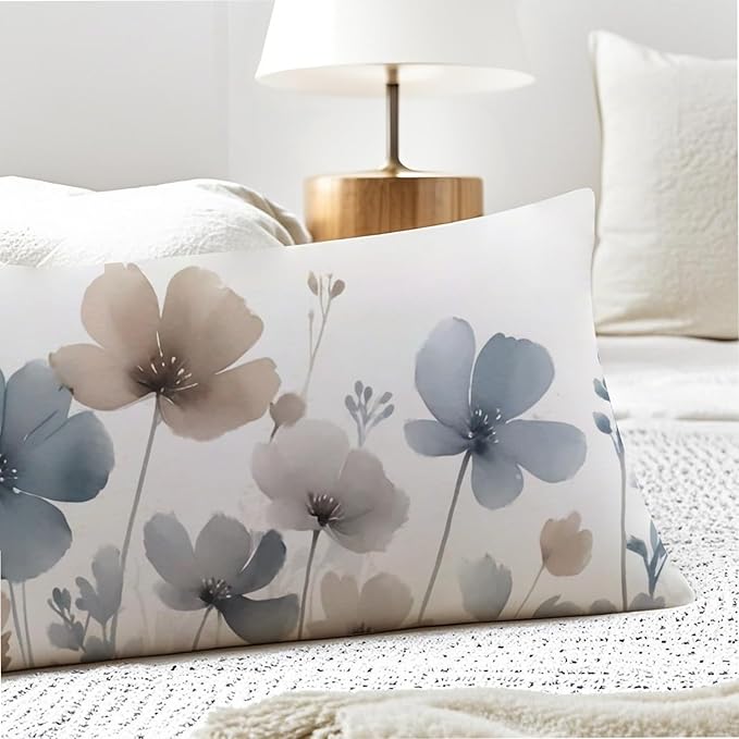 Vintage Watercolor Floral 20x54 Body Pillow Cover, Floral Room Decor, Abstract Blue Gray and White Flowers Botanical Decorative Long Body Pillow Cases for Bed Couch
