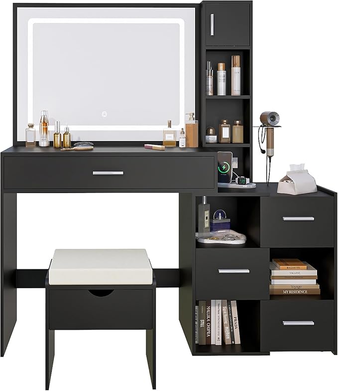 Vanity Desk with LED Lighted Mirror, Sliding Side Cabinet with Expandable Storage, Makeup Table with Drawers & Shelves, Built-in Power Outlet, Vanity Set with Storage Stool for Bedroom (Black)