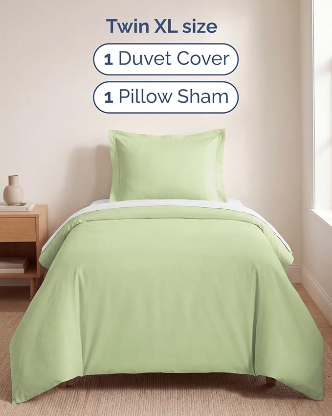 Duvet Cover Twin/Twin XL Size Set - Extra Soft Twin/Twin XL Duvet Cover 68" x 90" with 1 Pillow Sham - Hotel Luxury, Fade Free w/ Zipper Closures & Ties - Comfy, Cozy & Breathable (Light Sage Green)