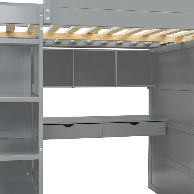 Multi-Functional Full Size Loft Bed with Built-in Desk and Wardrobes, Solid Wood Loft Bed Frame with 4 Drawers and 4 Shelves for Kids Teens Boys Adults, Maximize Space (Gray-F)