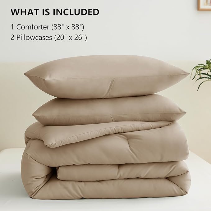 CozyLux Queen Comforter Set Taupe, 3 Pieces Solid Comforters Queen Size Breathable Quilted Bedding Sets, Luxury Soft Lightweight Bed Set with Down Alternative Comforter and 2 Pillowcases All Seasons
