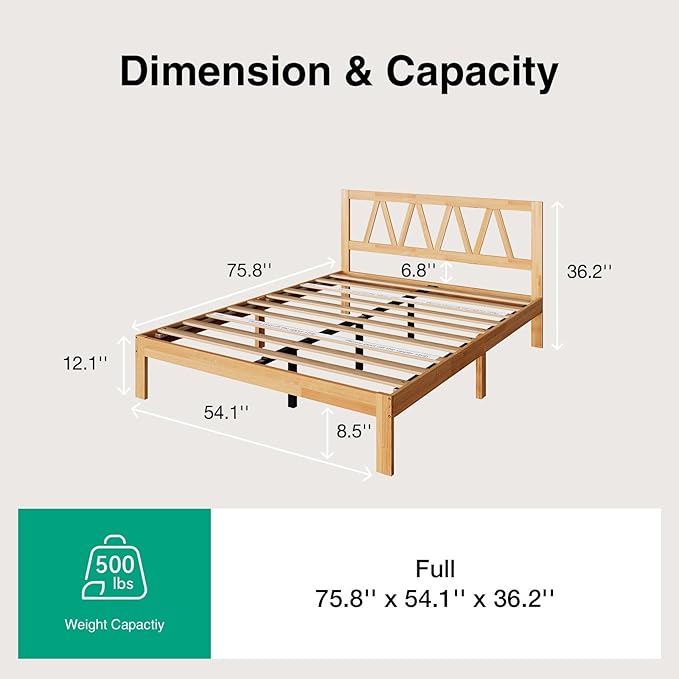 Novilla 12 Inch Full Size Bed Frame Full Bed Frames with Headboard Solid Wooden BedFrame Foundation, No Box Spring Needed, Easy Assembly, Natural Grain Wood