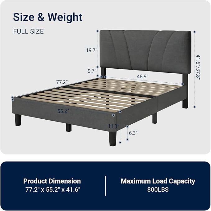 Avenco Full Bed Frame, Upholstered Platform Bed Frame with Adjustable Headboard, Wood Slat Support, Easy Assembly, No Box Spring Needed, Light Grey