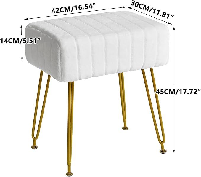 IBUYKE Velvet Rectangular Footrest Stool Ottoman, Makeup Vanity Stool Side Table, Velvet Dressing Table Seat, Pouf Couch Stool, Golden Steel Legs, White LG-51W