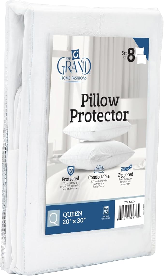 The Grand Pillow Covers Queen Size - Poly-Cotton Pillow Protector with Zipper - Moisture Wicking, Advanced Allergy Protection Pillow Protector - Protects Pillow from Dust, Dirt, and Debris (4 Pack)