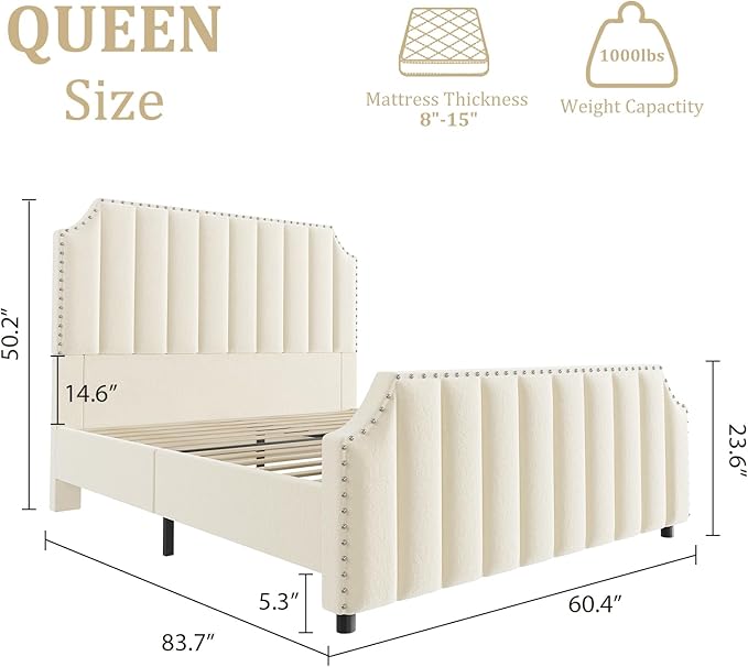 GarveeHome Queen Size Velvet Bed Frame, 50.2 in Tall Headboard & Footboard, Upholstered Platform Queen Bed Frame with Nailhead Trim, No Box Spring Needed, Noise Free, Solid Wooden Slats, Beige