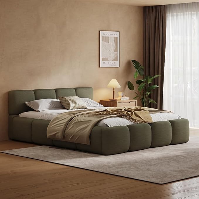 Merax Queen Size Boucle Platform Bed with Thick Headboard and Footboard, Block Style Upholstery Grounded Bed Frame, Green