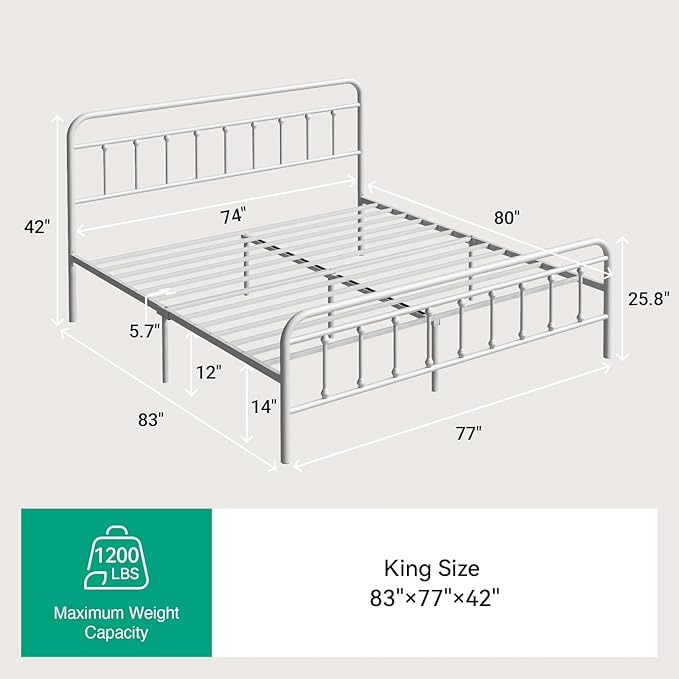 Novilla Metal King Size Bed Frame - Modern Minimalist Victorian Style with Headboard/Footboard, Heavy-Duty Steel Slats/Underbed Storage/No Box Spring Needed/Easy Assembly/Noise Free/White