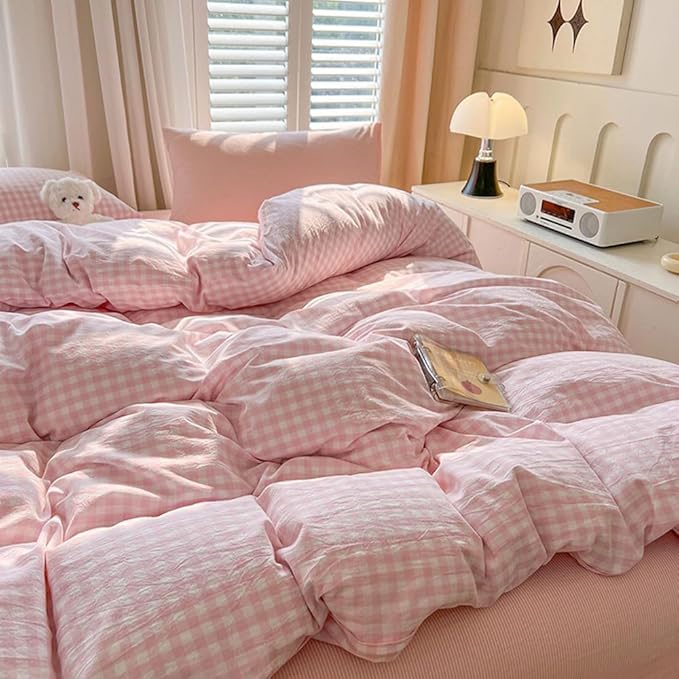 Nayoroom Gingham Duvet Cover Twin Size Pink White Plaid Checkered Comforter Cover 2 Pcs Soft Breathable Washed Microfiber Grid Farmhouse Bedding Set with Pillow Shams