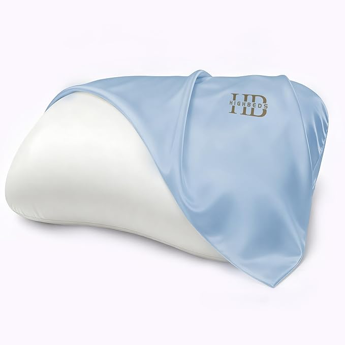 HighBeds Cervical Neck Pillow - Side Sleeper Pillow for Neck Pain Relief, Soft Ergonomic Memory Foam Pillows Ice Silk Zipperless Pillowcase, Eco-Friendly and Durable Material (Blue-Pillowcase)