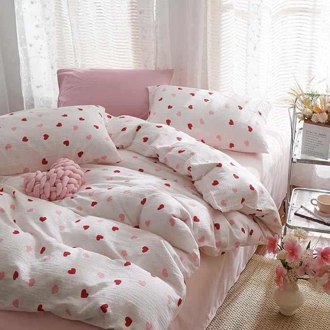 Nayoroom Heart Duvet Cover Set Queen Size Red Pink Hearts Printed on White Bedding Set for Kids Girls 3 Pcs Soft Lightweight Breathable Microfiber Comforter Cover with Zipper Closure