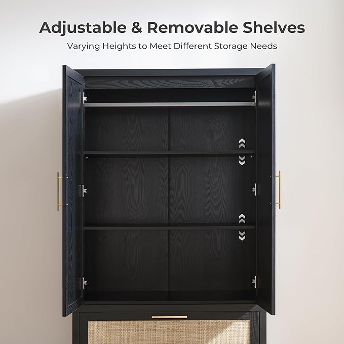 SICOTAS Armoire Wardrobe Closet, Larger Rattan Armoires Wardrobe Cabinet with 2 Large Drawers & Hanging Rod, Tall Closet Storage Cabinet for Cloak Room, Bedroom, Black Oak (3 Pieces)