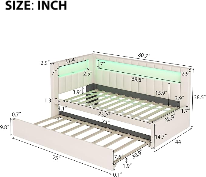 Merax Modern Upholstered Platform Bed Frame with USB Ports & Trundle Bed, Floor Sofa Day Bed, No Box Spring Needed/Easy Assemble/Twin,White