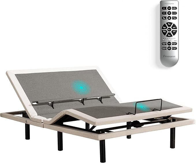 Froman Queen Adjustable Bed Frame, Adjustable Bed Base with Massage, Wireless Remote, Lumber Support, Zero Gravity, Head & Foot Incline, Head Top Pillow Tilt, USB Ports, Nightlight, Anti-Snore