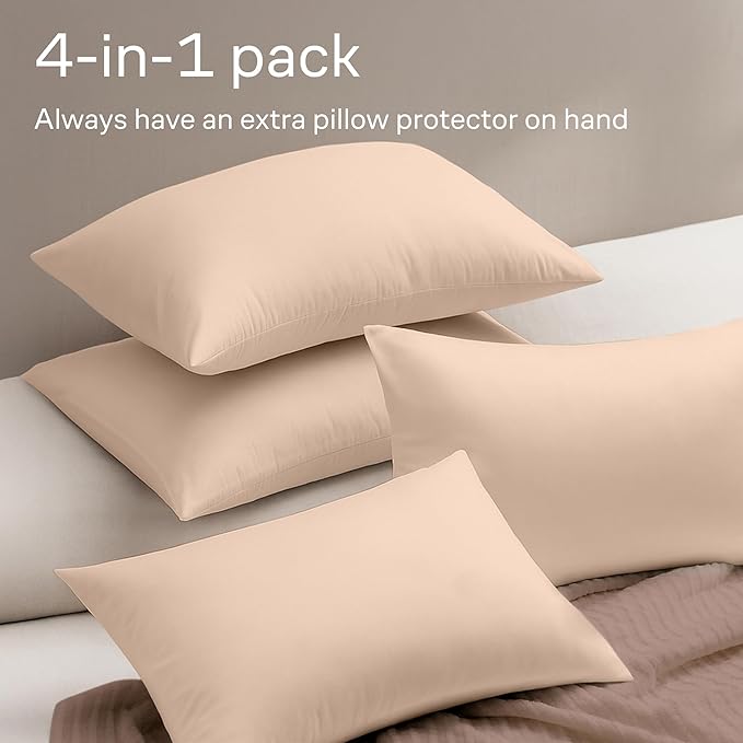 Ultra Soft Pillow Protectors with Zipper Standard Size - Set of 4 Breathable Pillow Covers - 100% Protection Against Stains, Dust & Dirt - Machine Washable (Cream)