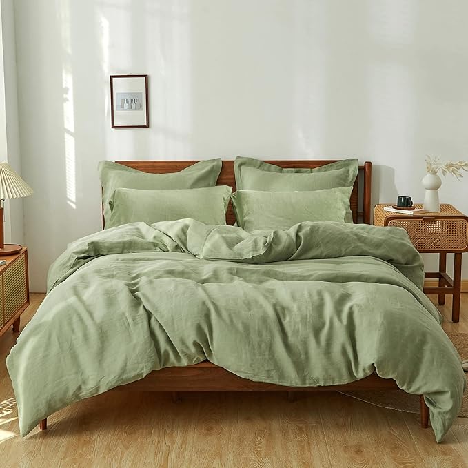 Simple&Opulence 100% Washed Linen Duvet Cover Set 5pcs(1 Duvet Cover& 2 Shams& 2 Pillowcases) Basic Style Natural French Flax Soft Breathable Farmhouse Bedding (Queen, Sage Green)
