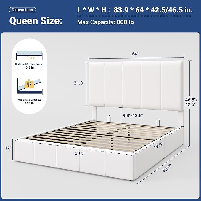 Allewie Queen Size Velvet Lift Up Storage Bed Frame, Vertical Channel Tufted Headboard, Hydrualic Underneath Storage, Upholstered Platform Bed, Wooden Slats Support, No Box Spring Needed, White