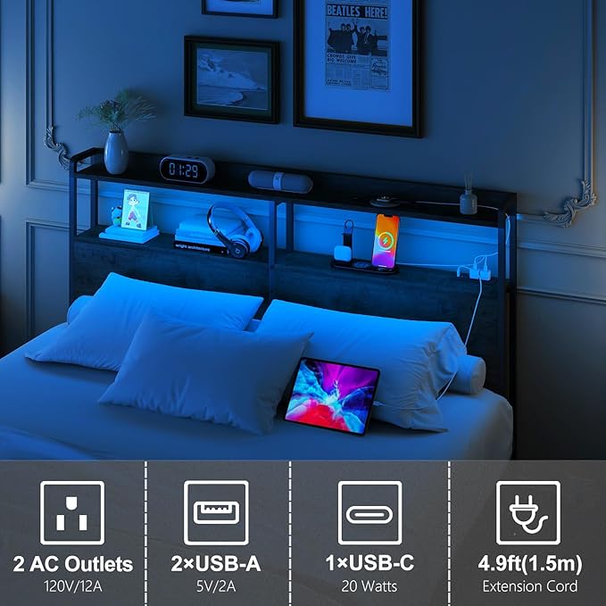 METYERRY Headboard for Queen Size Bed Frame with Storage, Height Adjustable, Headboards with Outlets, USB Ports, Type-C, LED Light, Sturdy and Stable Headboard, Black Oak,Bed Frame NOT Included