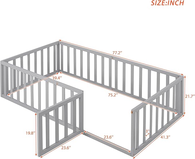 Bellemave Twin Size Montessori Floor Bed with 21.7" High Rails, Pine,Plywood Floor Bed with Small Door, Grey