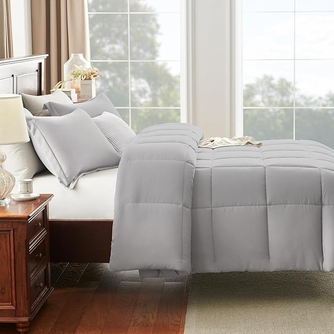 CozyLux Queen Comforter Set - 270GSM French Grey Bedding Sets for All Seasons, 3 Pieces Box Stitched Bed Set with 1 Down Alternative Comforter and 2 Pillow Shams, Soft, Lightweight, Breathable