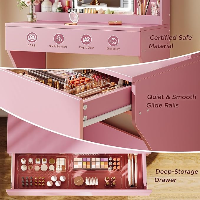 Small Vanity Desk with Mirror and Lights, Makeup Vanity with Storage Drawer, 2 Shelves and 3 Compartments - Pink
