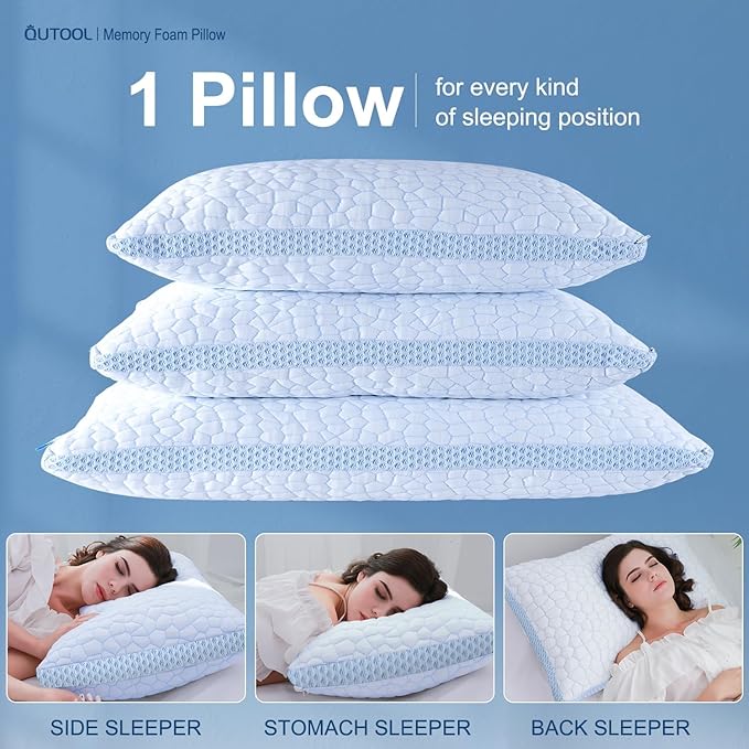 QUTOOL Enhanced Cooling Pillows for Sleeping, CertiPUR-US Shredded Memory Foam Pillows Queen Size Set of 1 for Hot Sleeper, Adjustable Bed Pillow for Side, Back, Stomach Sleepers Support Yet Soft Blue