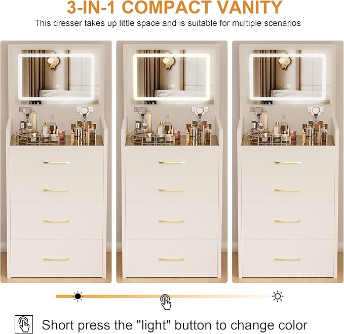 Small Makeup Vanity Desk with Flip Top Lighted Mirror, 3-in-1 Nightstand Vanity Combo with Visible Glass Desktop, Compact Dressing Table with Storage Stool & 3 Drawers for Small Bedroom, White
