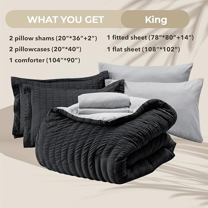 HYMOKEGE Black/Light Grey King Size Comforter Set Seersucker 7 Pieces, All Season Luxury Bed in a Bag for Bedroom, Bedding Set with Comforter, Sheets, Pillowcases & Shams