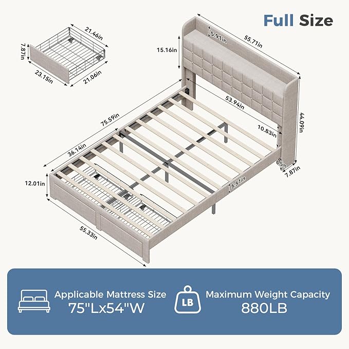 DUMOS Full Size Upholstered Platform Bed Frame, Full Bed with Storage Drawers and Fabric Headboard, Wooden Slats Support, 882 lbs Weight Capacity, No Box Spring Needed, Easy Assembly, Beige
