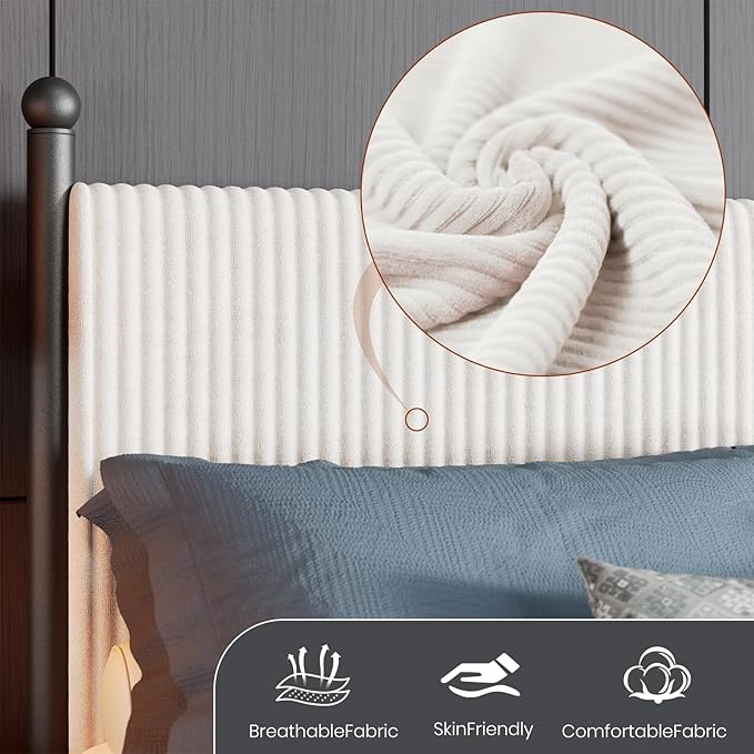 Garvee Full Size Upholstered Bed Frame - with Velvet Headboard, Soft Corduroy Fabric Platform with Wooden Slats Support & Heavy Duty Feet, No Box Spring Needed, Noise Free, Easy Assembly, White
