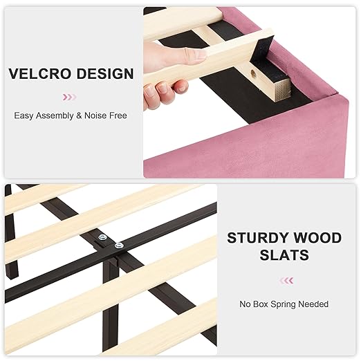 VECELO Queen Size Bed Frame Upholstered Platform with Fabric Headboard/Wooden Slats Support/No Box Spring Needed/Mattress Foundation,Pink