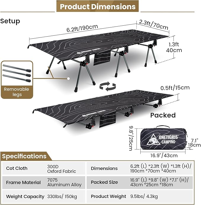 ONETIGRIS SUPRANUBIS Camping Cot, Height Adjustable with Cot Leg Extenders, Strong Support 330lbs, Lightweight Comfortable Folding Bed for Camping, Hiking, Travel, Truck, Beach, Office Nap